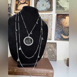 Vintage Sterling tone Cupid Intaglio Pendant Necklace Long Station Chain